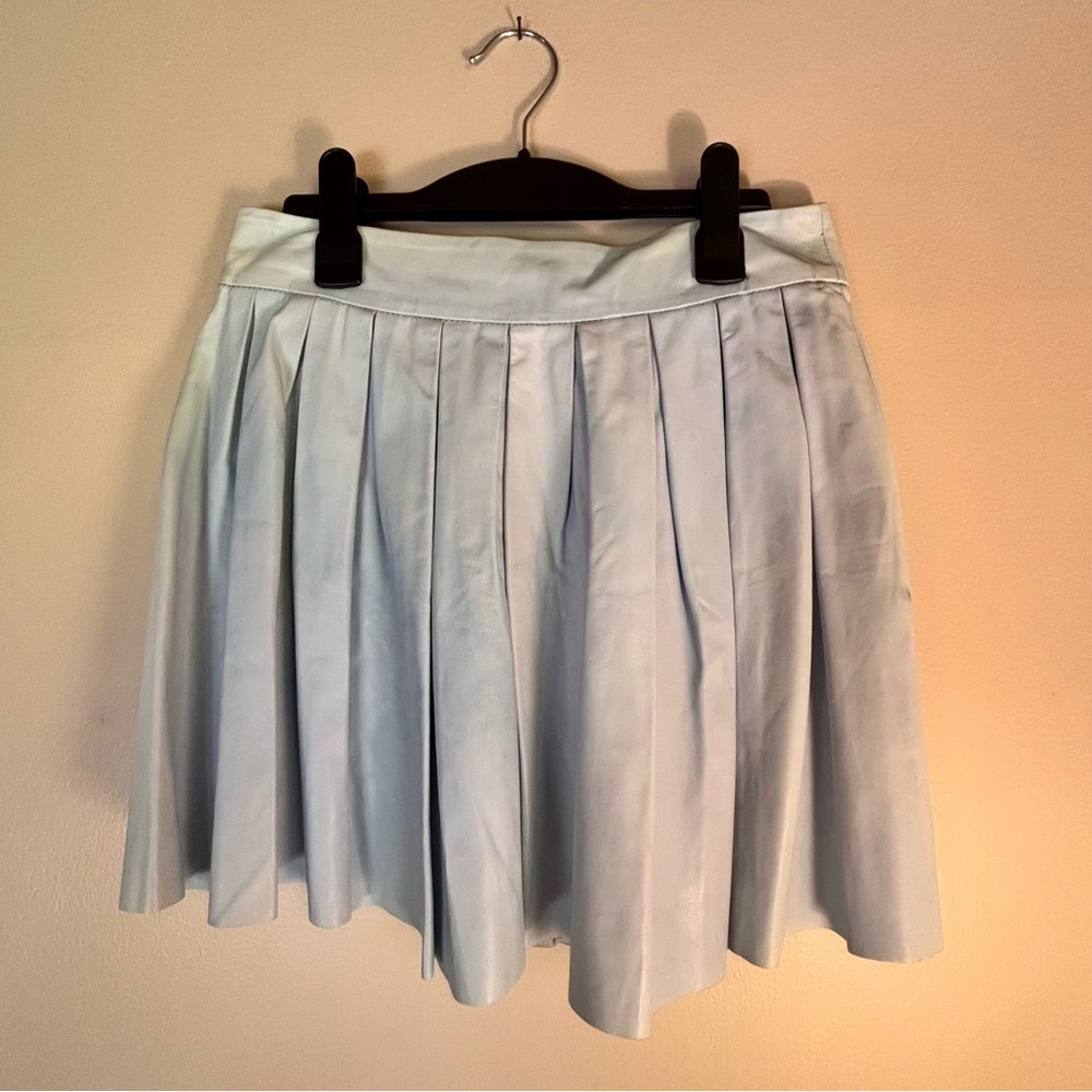 Alice + Olivia Light Blue Pleated Leather Mini Skirt